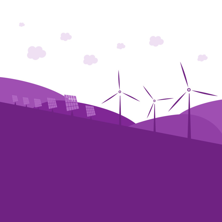 A simple illustration of renewable energy - wind turbines and solar panels in a valley surrounded by hills