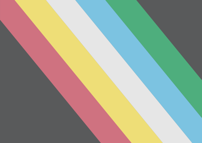 A flag with a black field bisected diagonally from the top left corner to the lower right corner by five parallel stripes in red, yellow, white, blue and green.