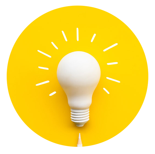 A white bulb on a bright yellow background with white lines suggesting an idea