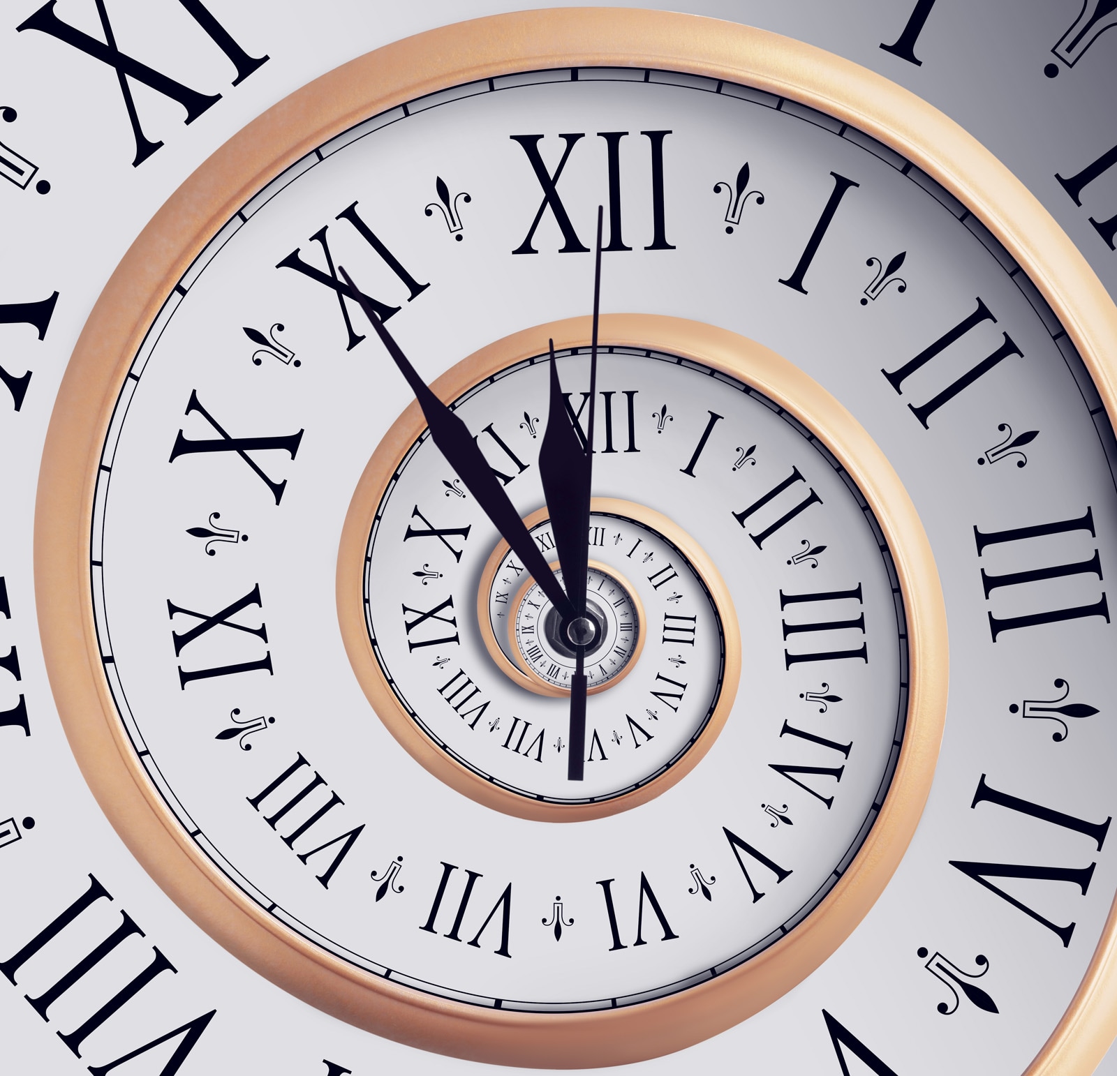 The hands of a clock point at 11:55 on a spiral clock face edged with bronze