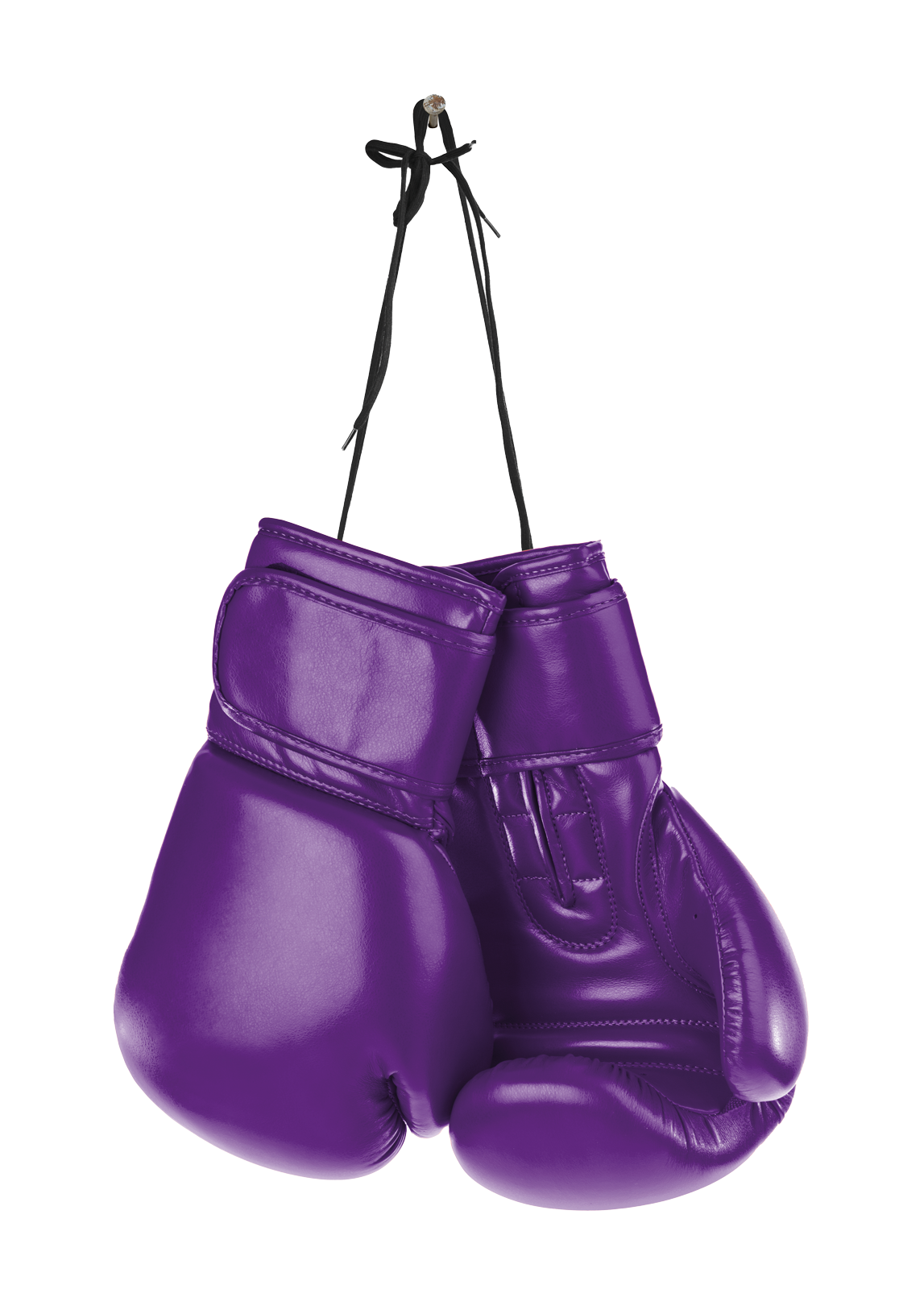 A set of purple boxing gloves hangs from a nail in the wall
