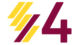 The number four with a stylized map of Scotland made up of diagonal lines in yellow with the fourth highlighted in maroon red