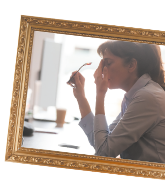 A woman looking a little stressed in a gilt frame at a jaunty angle