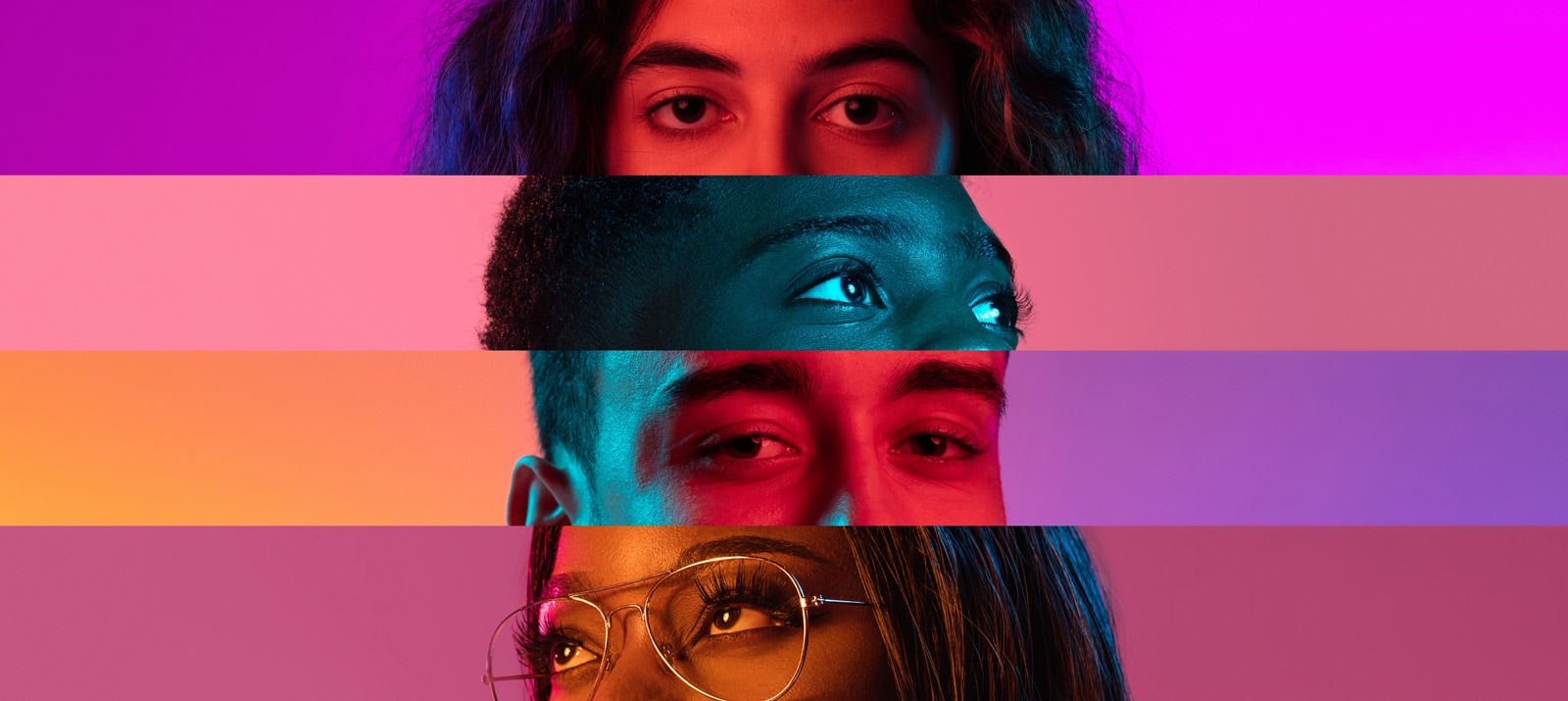 The eyes of four people look off in different directions, on brightly coloured horizontal bars