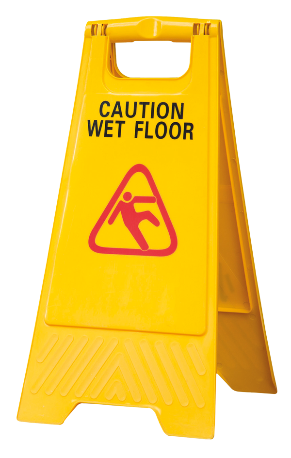 A yellow wet floor marker