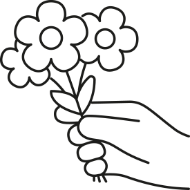 A line drawing of a hand holding three daisies