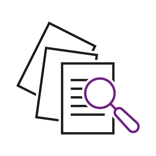 Magnifying glass looks over some documents - black line illustration