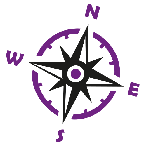 A stylised compass in black and purple shown at a slight angle