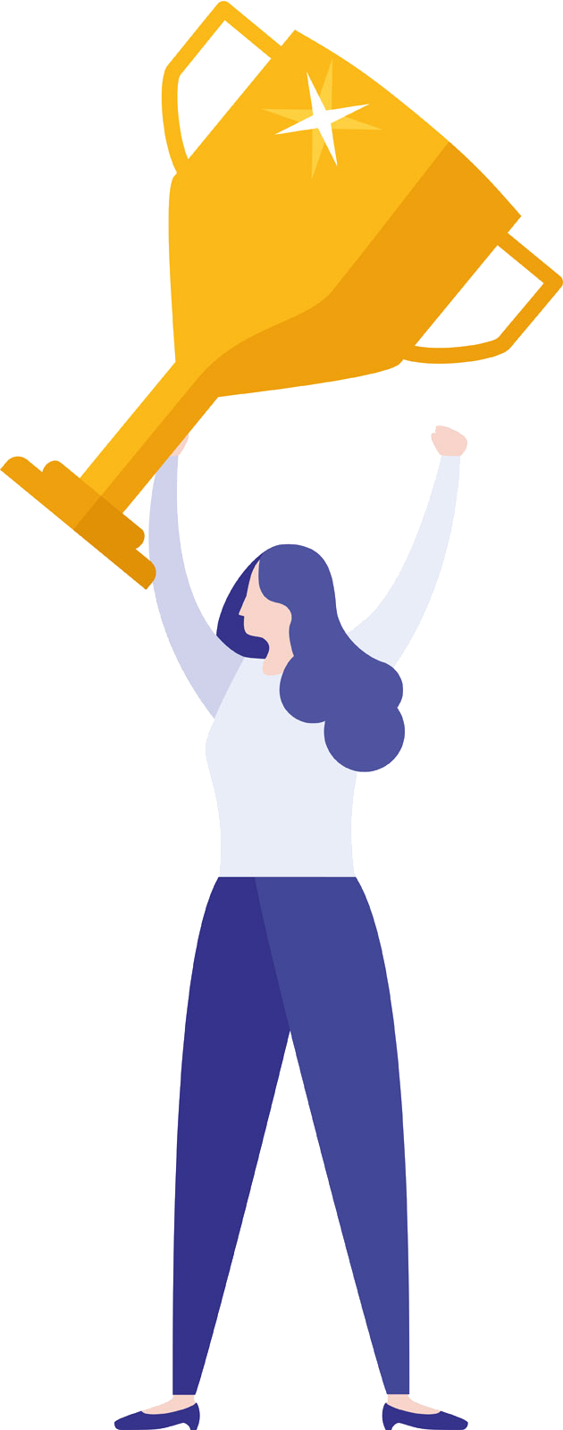 Illustrated woman holding a gold trophy aloft