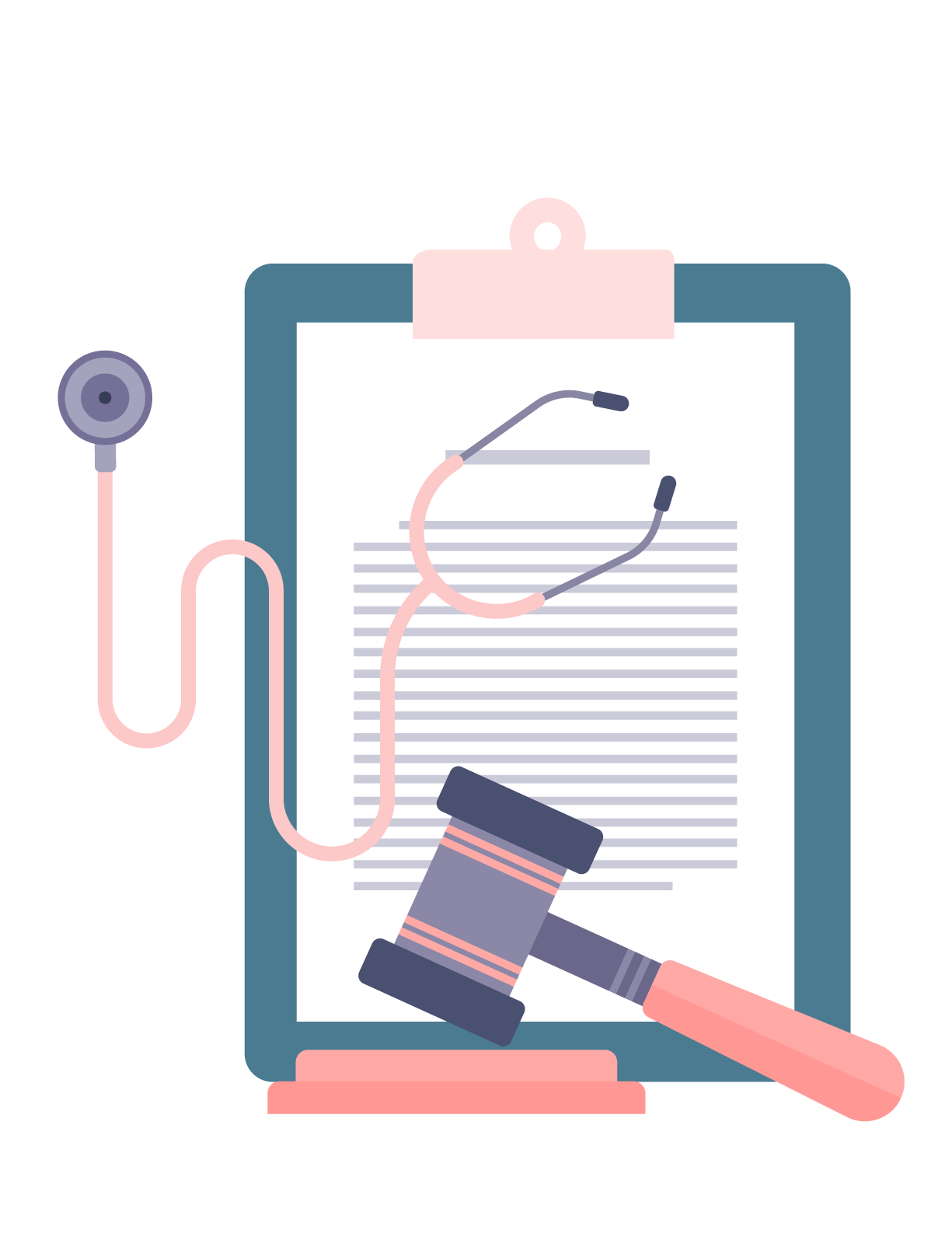 Illustration of a clipboard, with a stethoscope and gavel