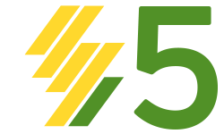 The number five with a stylized map of Scotland made up of four yellow diagonal lines with the fifth highlighted in green