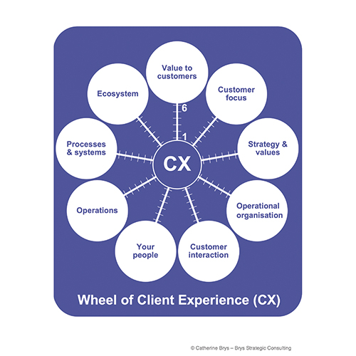 The nine factors of CX, Value to customers, customer focus, strategy and values, operational organisation, customer interaction, your people, operations, processes and systems, ecosystems, all displayed in an outer circle linking back to a central CX circle.